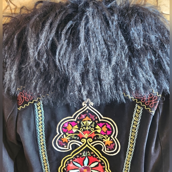 DOUBLE D RANCH Black Suede Embroidery Mongolian Lamb Fur Collar Cuffs Jacket NWT - Picture 12 of 16